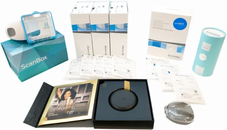 Invisalign Full treatment package showing aligners, ScanBox dental monitoring device, Vivera retainers, and home whitening kit included in treatment